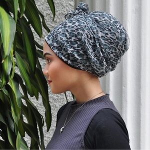 100% Silk Scarf Animal Print Navy Black Head Wrap